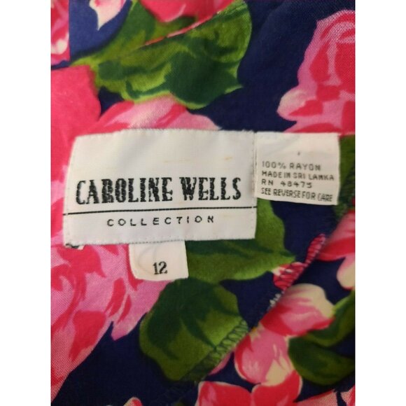 Vintage 80s Floral Rose Dress Size M With Pockets Caroline Wells Pink Blue Midi - Picture 12 of 12